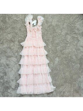 AMY JANE LONDON Evangeline Ruffle Tiered Maxi Dress Pink Corset Womens Size XS